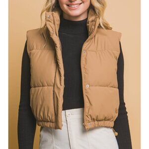 Camel Cropped Puffer Vest with Pockets